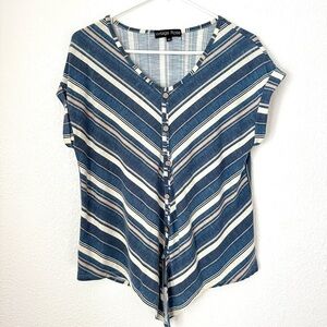 Vintage Rose Casual Top Women’s L Short Sleeve Striped Lightweight V-Neck Shirt